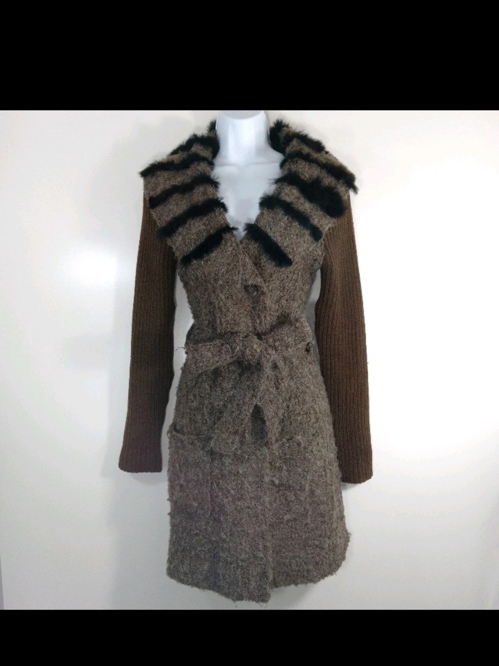 Lulumari Brown Faux-Fur Trim Knit Trench Coat Womens Small